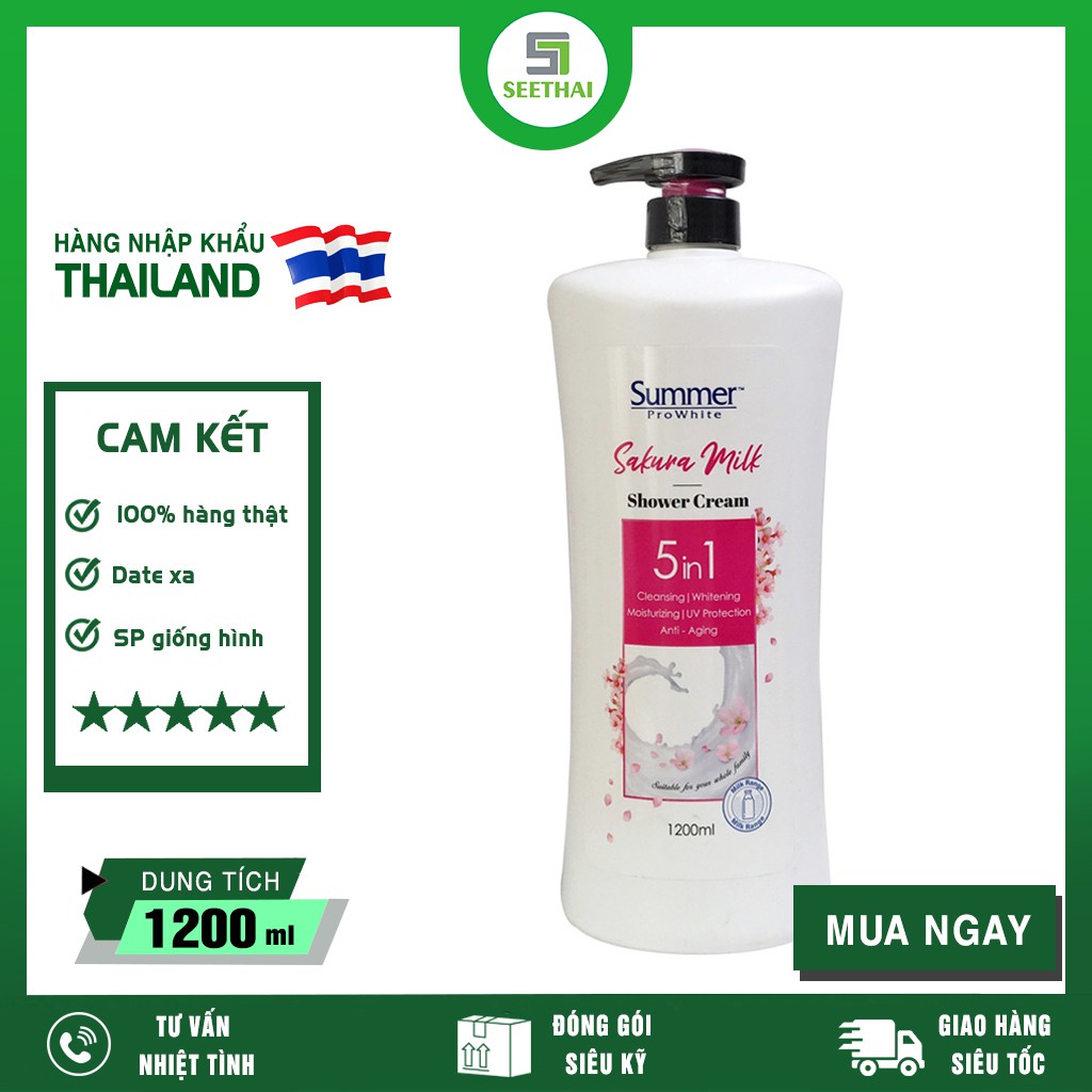 [HÀNG CHÍNH HÃNG] Sữa Tắm Trắng Da Summer ProWhite Sakura 5in1 Thái Lan 1200ml