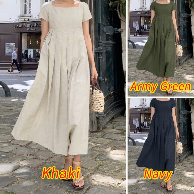 Đầm Zanzea dài tay ngắn cổ vuông dáng rộng phối túi thời trang cho nữ