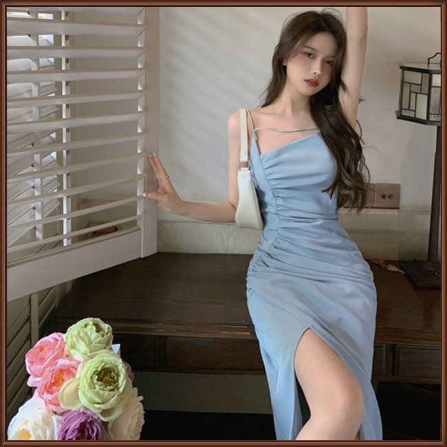 Đầm Hai Dây Xẻ Tà Màu Trơn Thời Trang Dành Cho Nữ