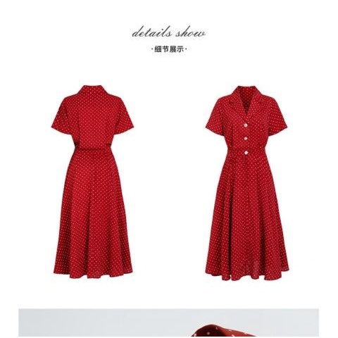 Đầm Sơ Mi Đỏ Dáng Dài Ôm Eo Họa Tiết Chấm Bi Cổ Điển Kiểu Pháp