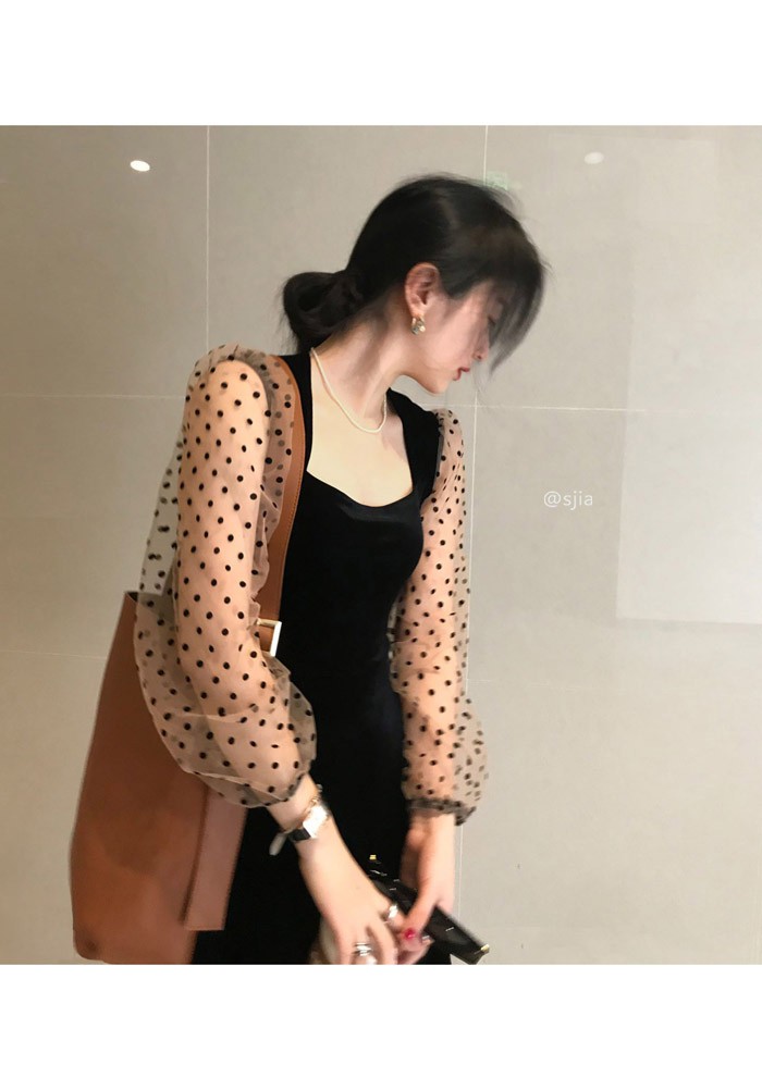 Đầm Nhung Tay Dài Phối Lưới Họa Tiết Chấm Bi Thời Trang Cho Nữ | BigBuy360 - bigbuy360.vn