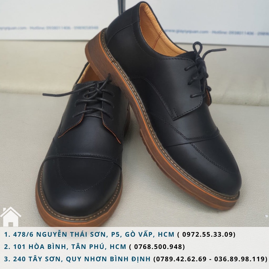 Giày da nam kiểu lười có dây buộc - Giày lười da bò sáp đế cao su chống mài mòn bền bỉ màu đen mã D26A