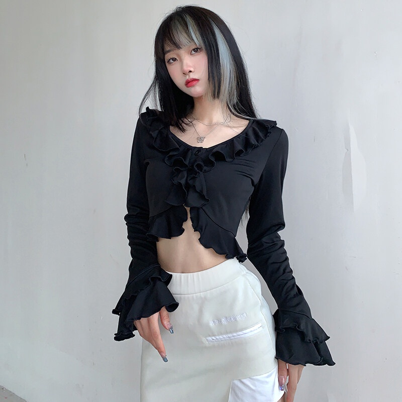 Kliou 2023 Mới vào mùa hè Áo Crop Top Tay Dài Loe Cổ Chữ V Phối Bèo Phong Cách Pháp Thanh Lịch Thời Trang 2022 M 'V O M A H