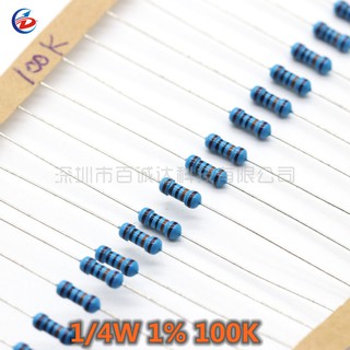 100pcs 1/4w 1% 100k ohm metal film resistor 0.25w resistor