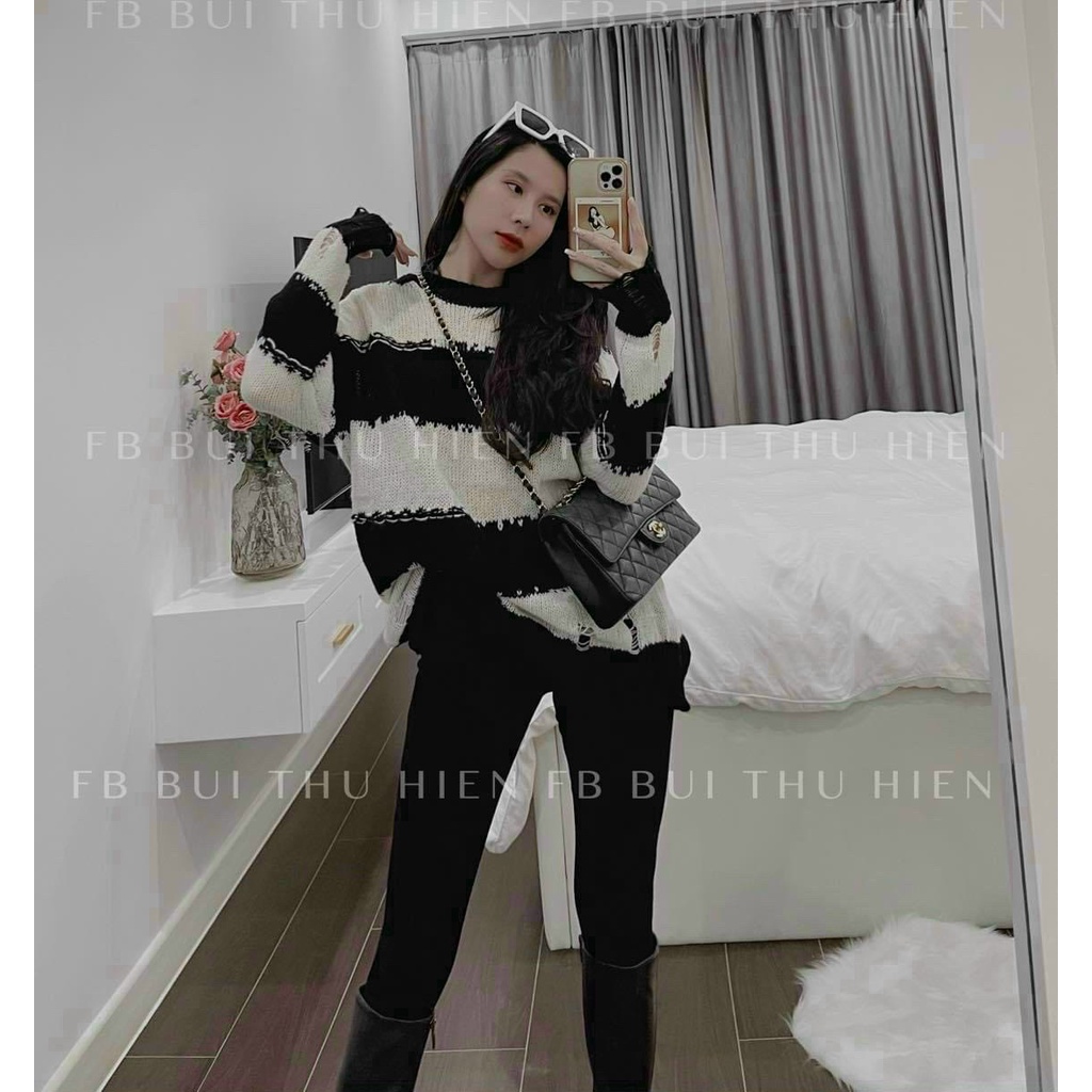 Áo Len Oversize Nữ Form Rộng Dài Tay Sọc Đen Trắng Năng Động Cá Tính