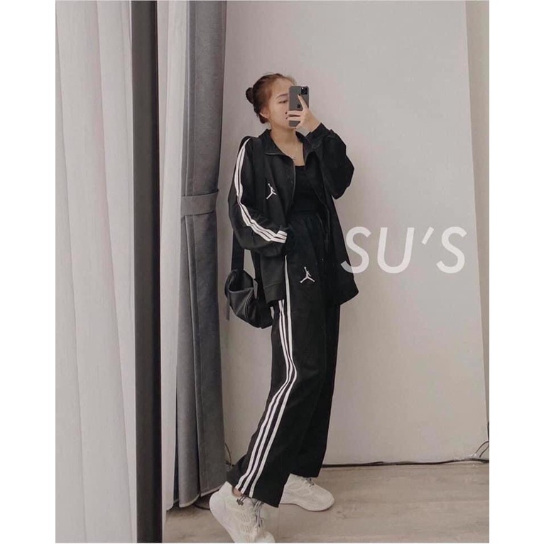 Bộ thể thao nỉ kẻ sọc jd mặc thu đông trẻ trung cá tính/ Set áo khoác nỉ khóa kéo kèm quần ống rộng 3 màu_Nanashop | BigBuy360 - bigbuy360.vn