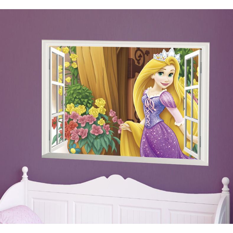 Giấy decal dán tường cửa sổ công chúa tóc mây vườn hoa