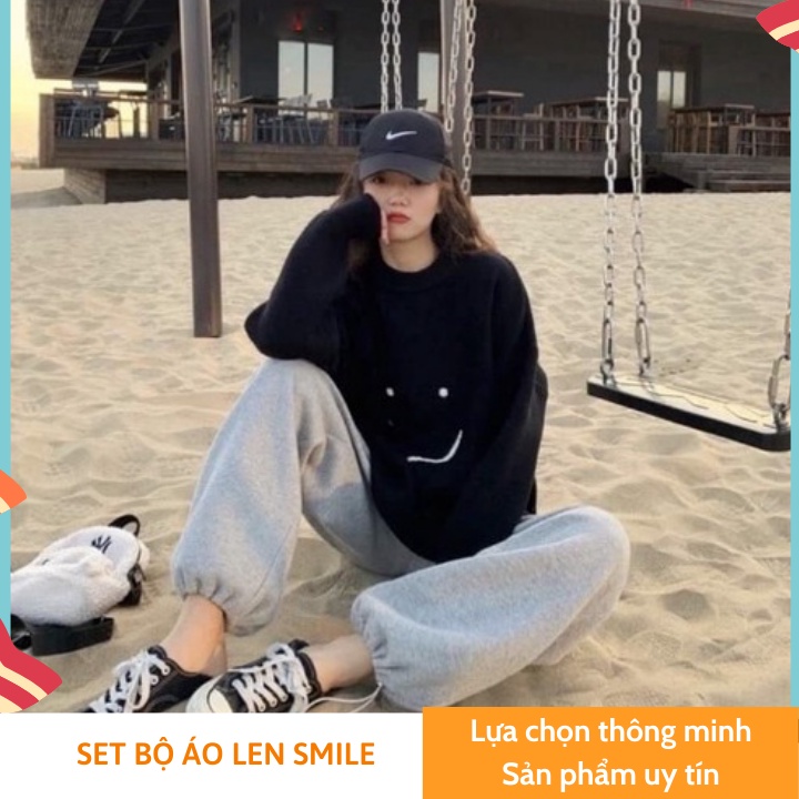 Set bộ áo len nữ SMILE cao cấp gồm áo và quần dài dầy dặn, FREESHIP, form rộng, phong cách Hàn Quốc, Ulzzang [CÓ SẴN] | BigBuy360 - bigbuy360.vn