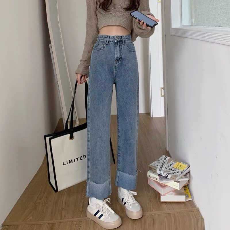 quần jeans ống suông gập gấu form basic