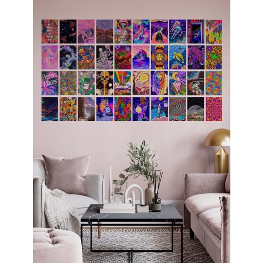 Combo 16 tấm Wall Collage dán tường trang trí phòng ngủ - theme PSYCHELIC