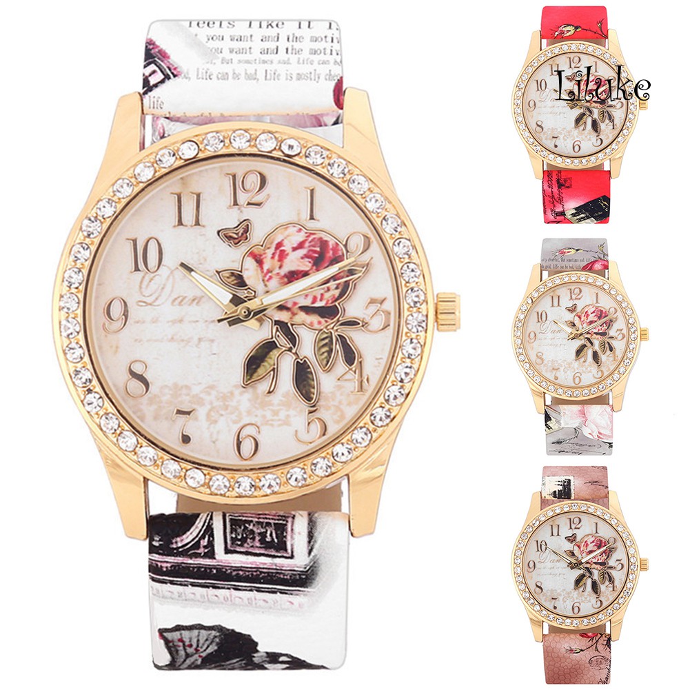 Đồng Hồ Đeo Tay Họa Tiết Hoa Hồng Đính Đá Thời Trang Xinh Xắn Cho Nữ