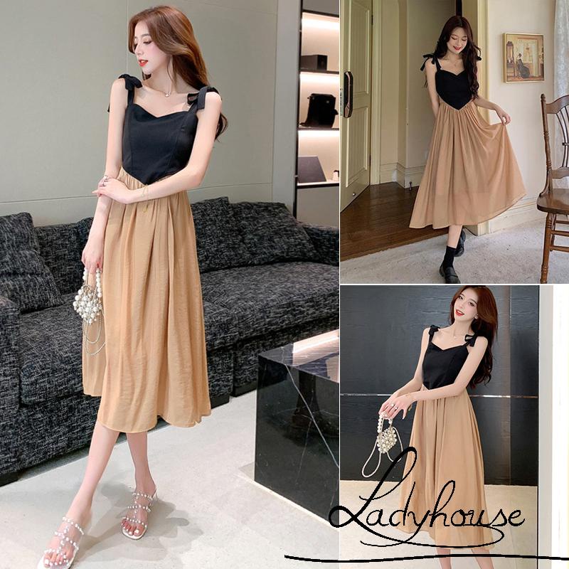 Ldd-đầm Midi Mùa Hè Màu Sắc Tương Phản Có Dây Đeo Vai Cổ Áo Ngọt Ngào Cho Nữ