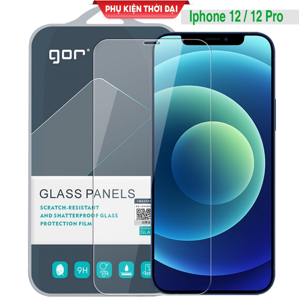 Cường lực Iphone 12 / 12 Pro / 14 Pro / 14  hiệu Gor trong suốt trơn mượt chất kính đẹp ( tặng keo mép )