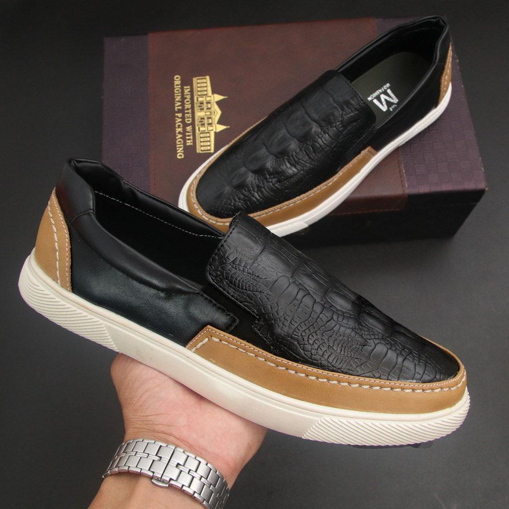 giày lười nam thời trang cá tính G574 giày vân cá sấu đen nâu kết hợp