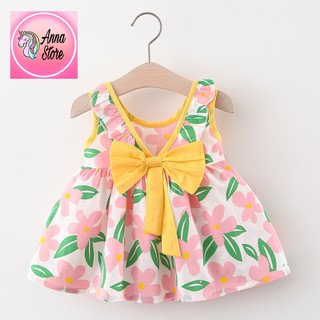 Váy Đầm Bé Gái Mùa Hè Cộc Tay Viền Hoa To Nơ Sau Lưng Đỏ Cam Hồng, Anna Store