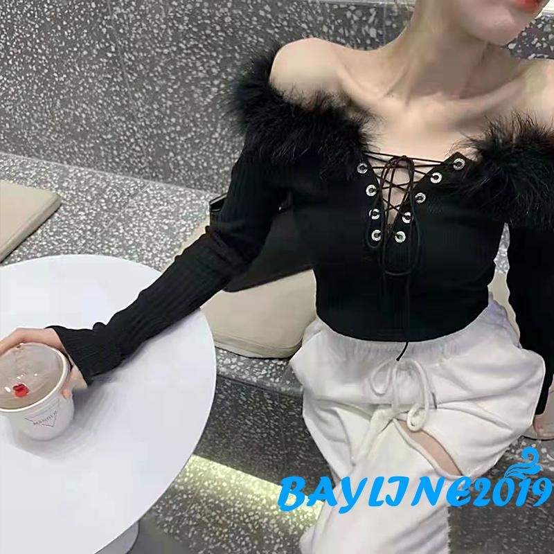 Áo croptop dệt kim tay dài cổ chữ V có dây rút thời trang thường nhật dành cho bạn nữ mặc dự tiệc
