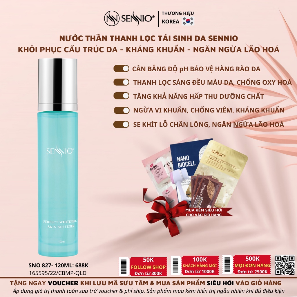 Nước hoa hồng se khít lỗ chân lông Sennio Perfect Whitening Skin Softner cấp ẩm tái tạo và phục hồi da