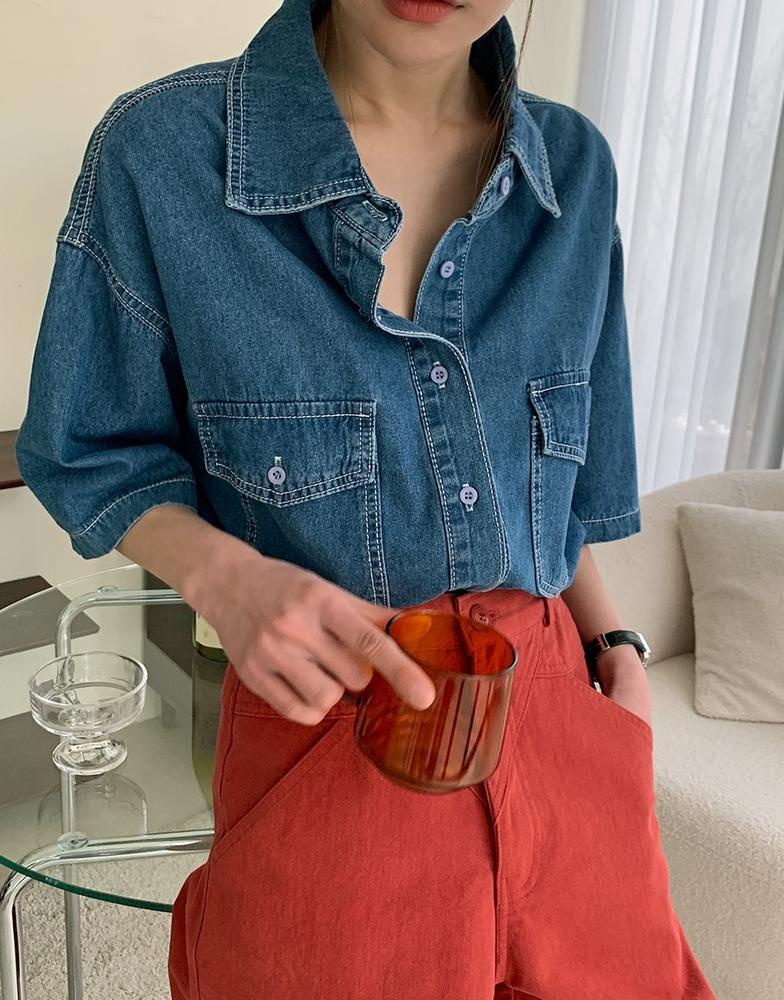 Áo Sơ Mi Denim Tay Ngắn Dáng Rộng Phối Hai Túi Thời Trang 50464
