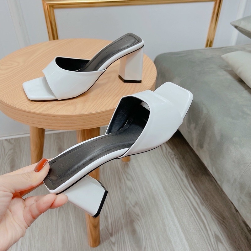 Dép cao gót 8 phân quai bản da bóng gót hình Thang đẹp độc