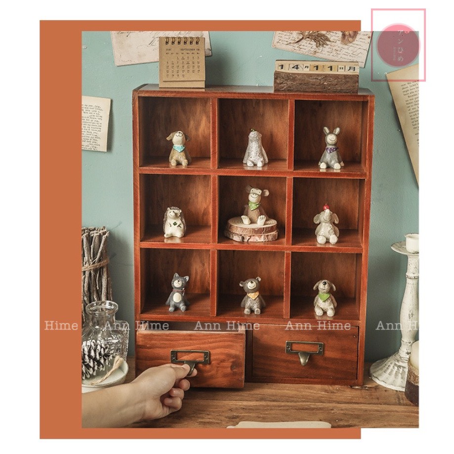 Tủ Ngăn Kéo Gỗ Treo Tường & Để Bàn Trang Trí Kiểu Vintage Retro Bắc Âu Chia 9 Ngăn Sp03