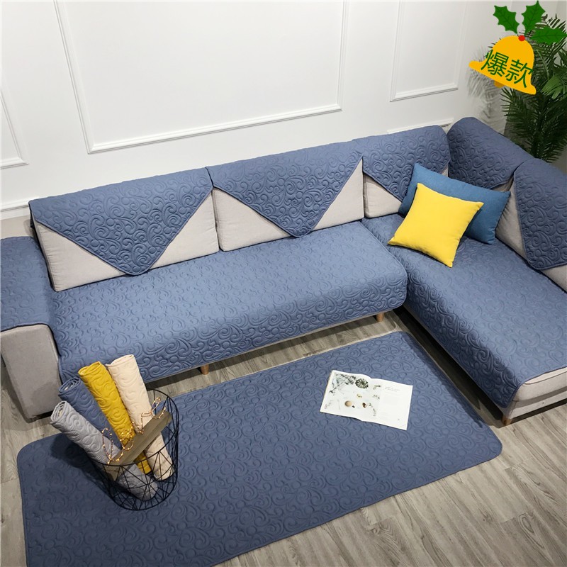 Đệm Lót Ghế Sofa Vải Cotton Chống Trượt Màu Xanh Xám Nhạt