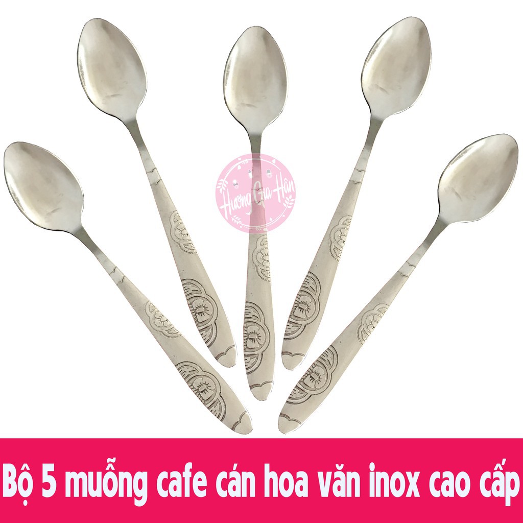 combo 5 thìa inox khắc hoa văn tinh sảo dùng pha cafe