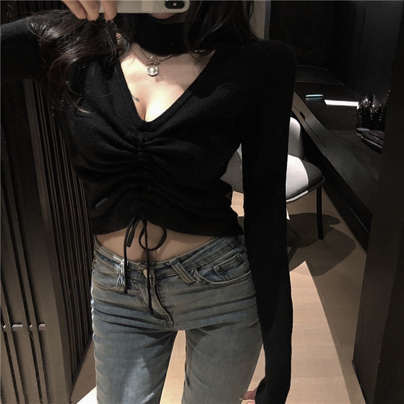 SUXI Áo dệt kim mỏng tay dài dáng ngắn thời trang mùa thu Hàn Quốc dành cho nữ