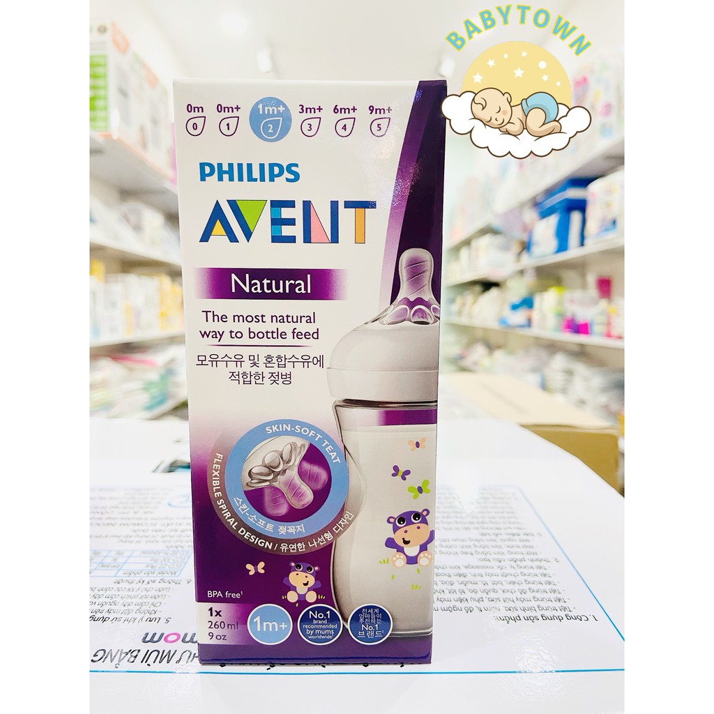 Bình sữa Philips Avent Natural 260ml hoạ tiết Chim Hạc và Hà Mã