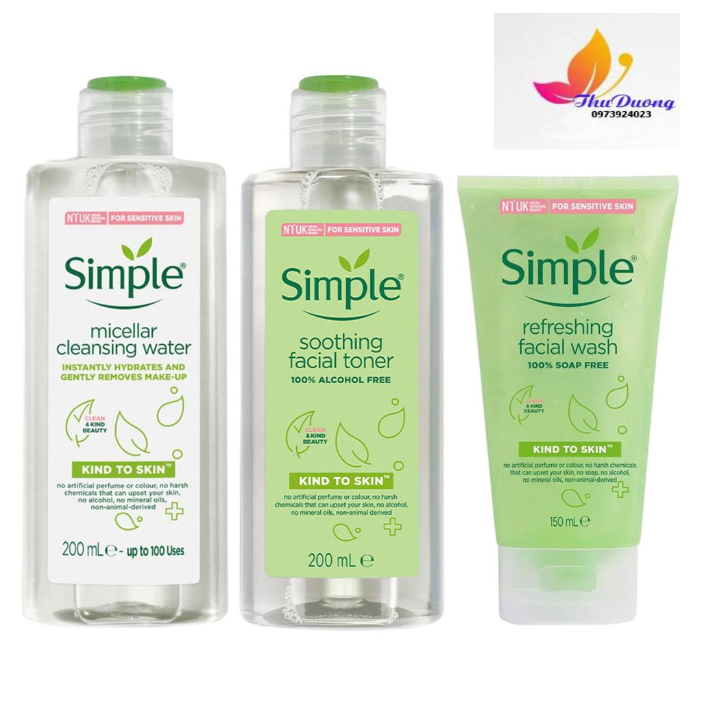 Combo Simple Làm Sạch & Cân Bằng Dịu Nhẹ & Tẩy trang cho Da Nhạy Cảm  simple