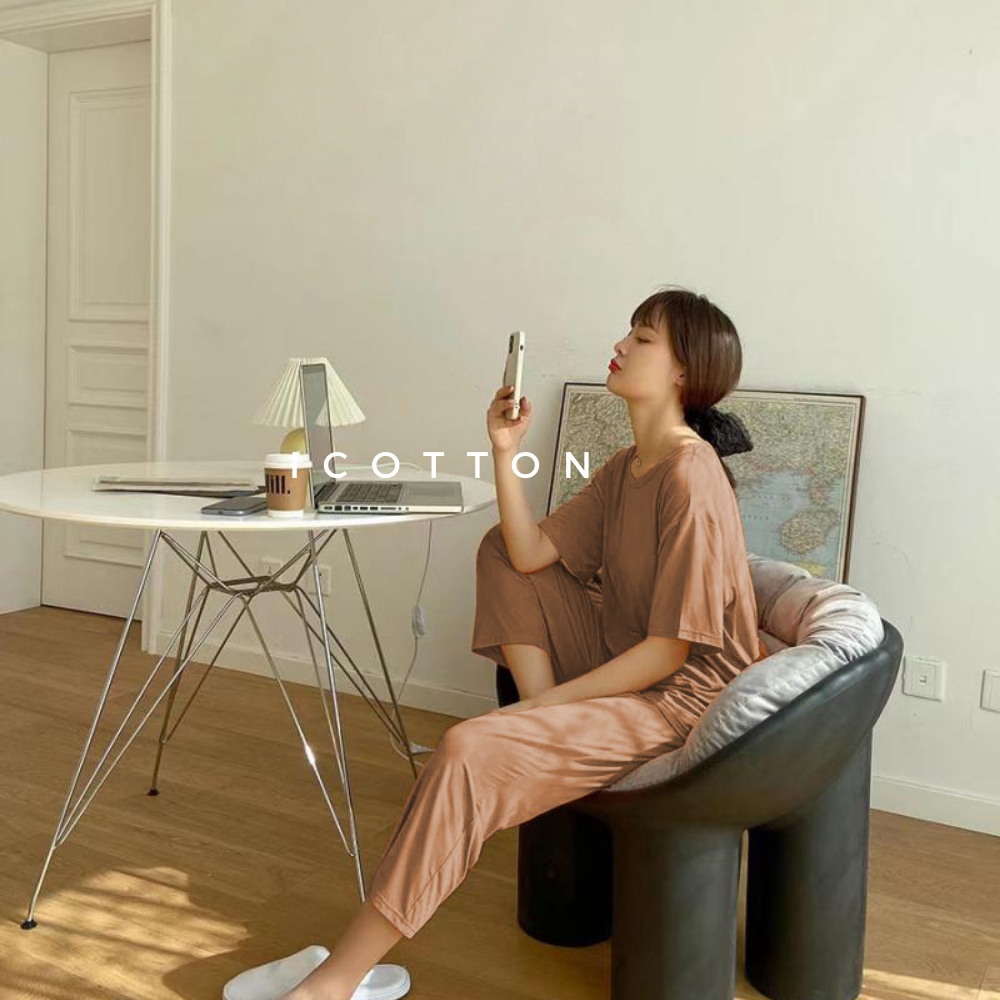 Bộ đồ cotton lụa cộc tay quần dài Icotton cao cấp, mát mặc nhà, đồ ngủ | BigBuy360 - bigbuy360.vn