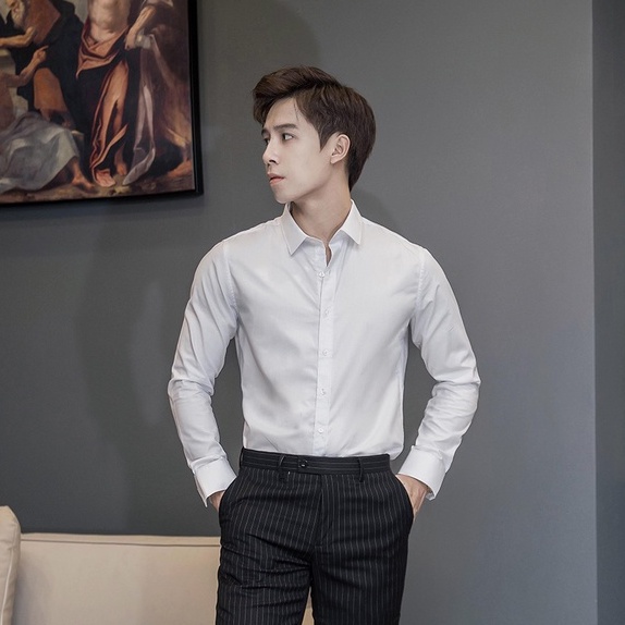 Áo Sơ Mi Nam CEFFYLO Màu Trắng Vải Cotton Thấm Hút, Chống Nhăn Form Slimfit