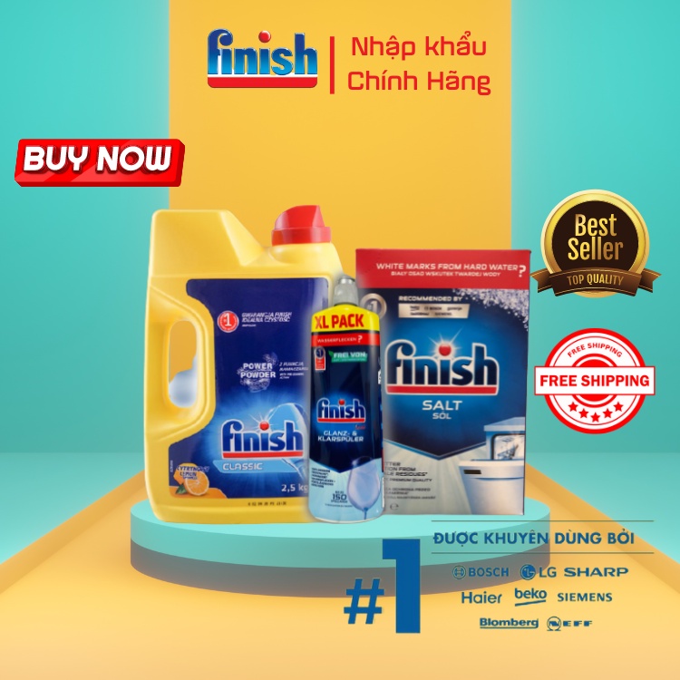 Combo Bột rửa bát Finish 2,5kg + muối 1,5 kg + nước bóng finish 750ml/