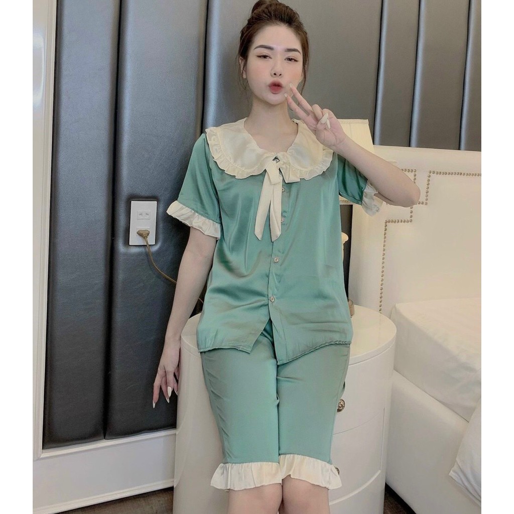 Bộ Mặc Nhà 🔥FREESHIP🔥  Bộ Ngủ Lụa Satin Quần Lỡ Áo Cộc - Set Pijama Cổ Bèo Tiểu Thư SP24