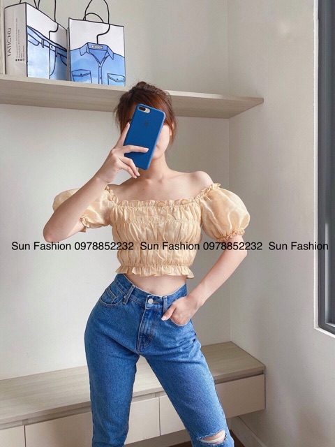 Áo trễ vai, croptop bẹt vai nhún thun có ánh nhủ siêu đẹp Sun Fashion