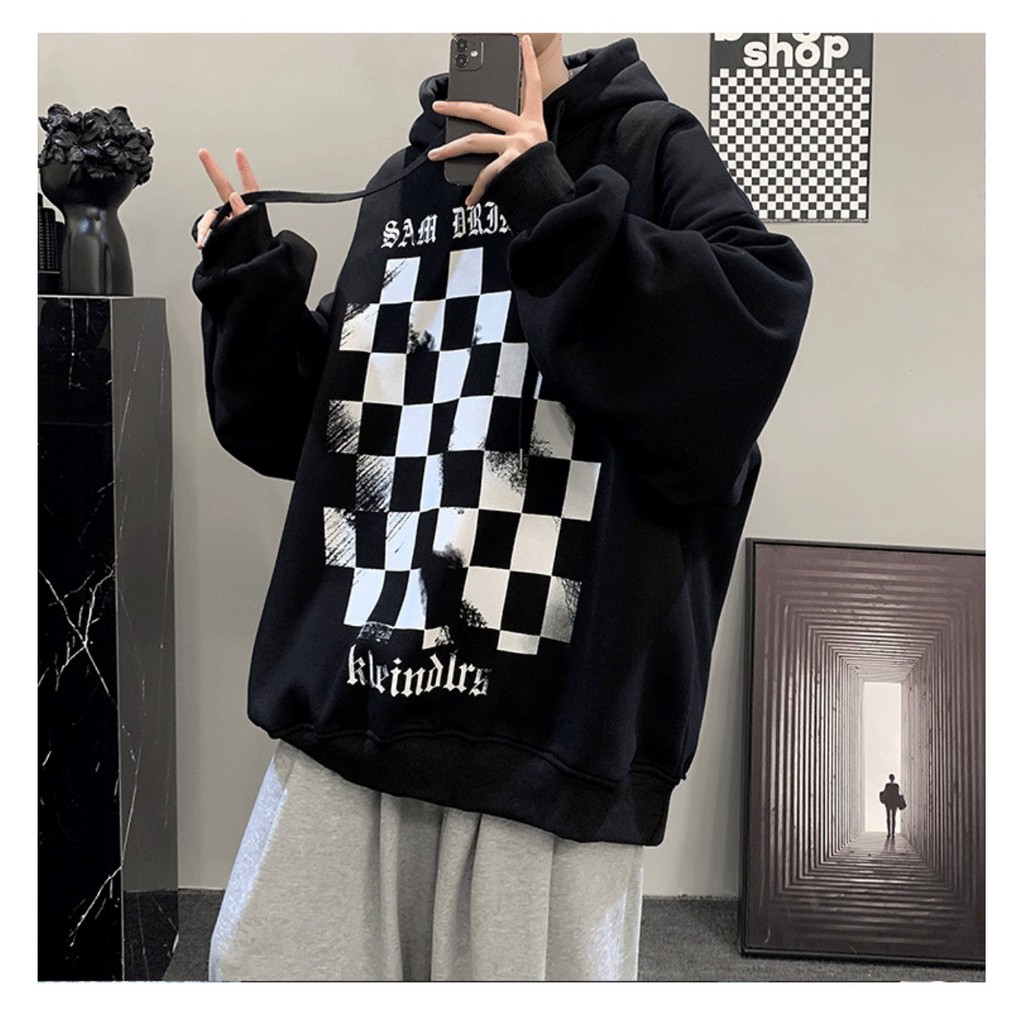 Áo hoodie,Áo nỉ  in hình caro trước ngực cực hot 2021 phom rộng phong cách Hàn Quốc | BigBuy360 - bigbuy360.vn