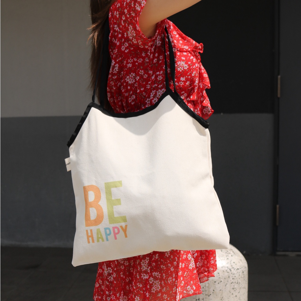 Túi tote BEKIND/BE HAPPY vải canvas mộc màu kem viền đen Tadi house vintage style