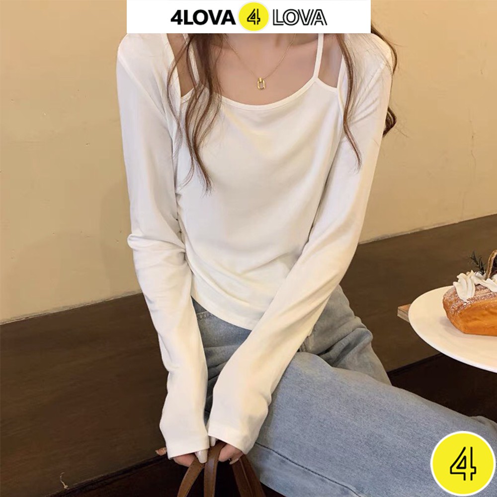 Áo thun kiểu dài tay body nữ 4LOVA thiết kế cổ yếm xẻ tà phối dây rút quyến rũ freesize