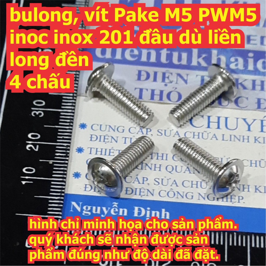 bulong bu lông vít Pake M5 PWM5 inoc inox 201 đầu dù liền long đền, 4 chấu M5 dài 6mm ~ 30mm kde7697