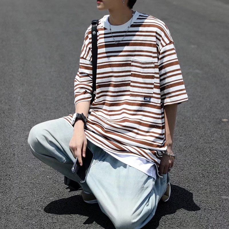 Áo Thun Dáng Rộng Họa Tiết Kẻ Sọc Phong Cách Hip Hop Nhật Bản Thời Trang Mùa Hè Cho Nam size M-2XL