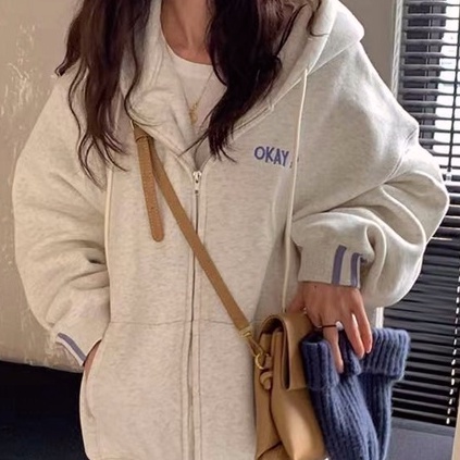 Áo khoác cardigan dáng rộng có mũ trùm phối khóa kéo thời trang xuân thu phong cách Hàn Quốc cho nữ