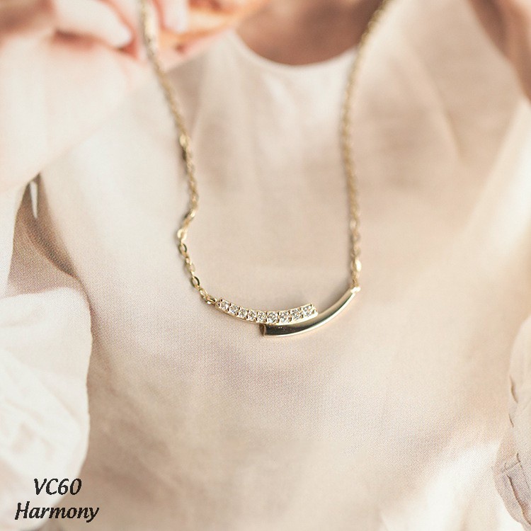 Dây chuyền bạc nữ mặt cong dài basic đính đá 2 màu xi bạch kim và vàng sang chảnh | HARMONY ACCESSORIES VC60