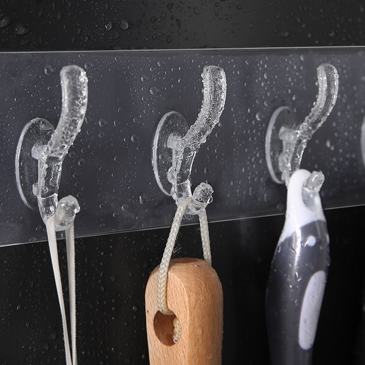 Móc treo quần áo, treo đồ đa năng dán tường trong suốt thanh 6 móc liền nhau siêu chắc.