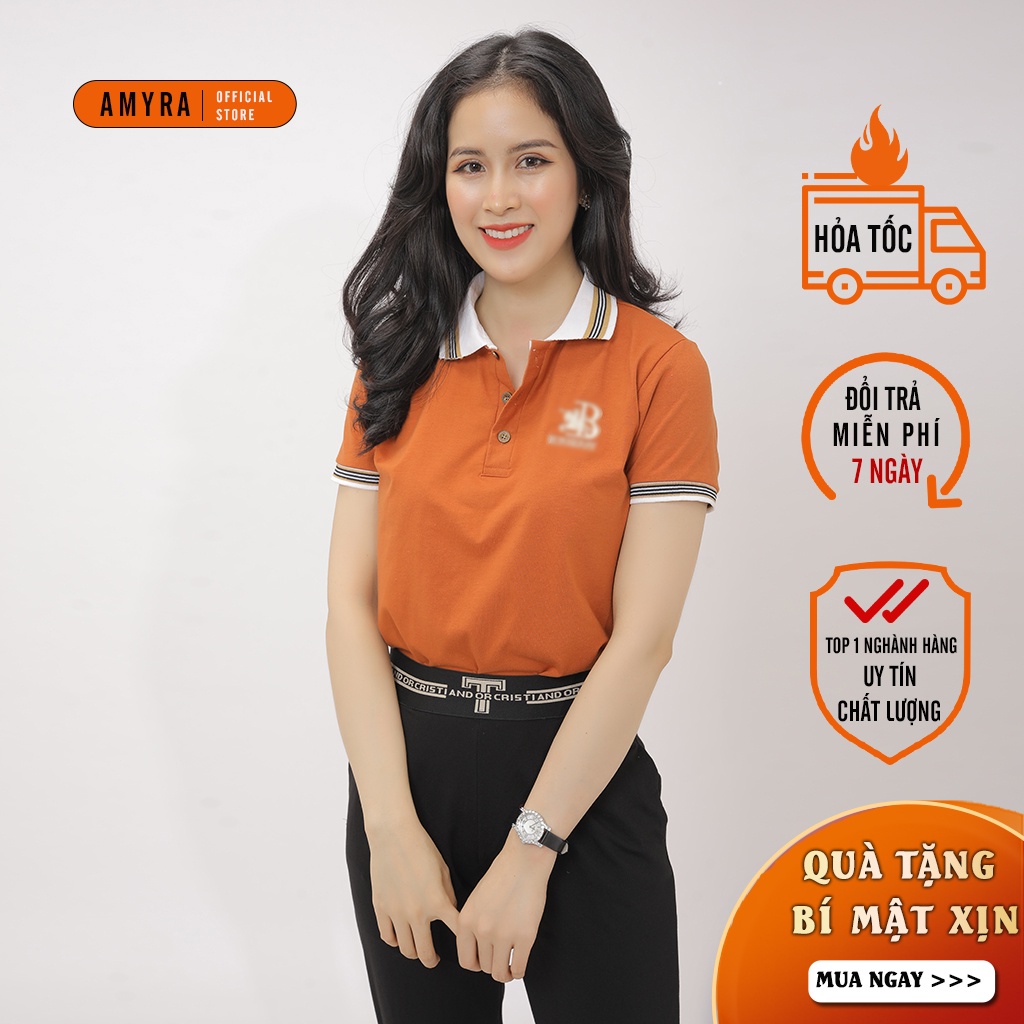 Áo thun có cổ nữ polo AMYRA, phông trơn cotton cao cấp mềm mịn phối viền tay ngắn thêu chữ kiểu thể thao công sở AT17