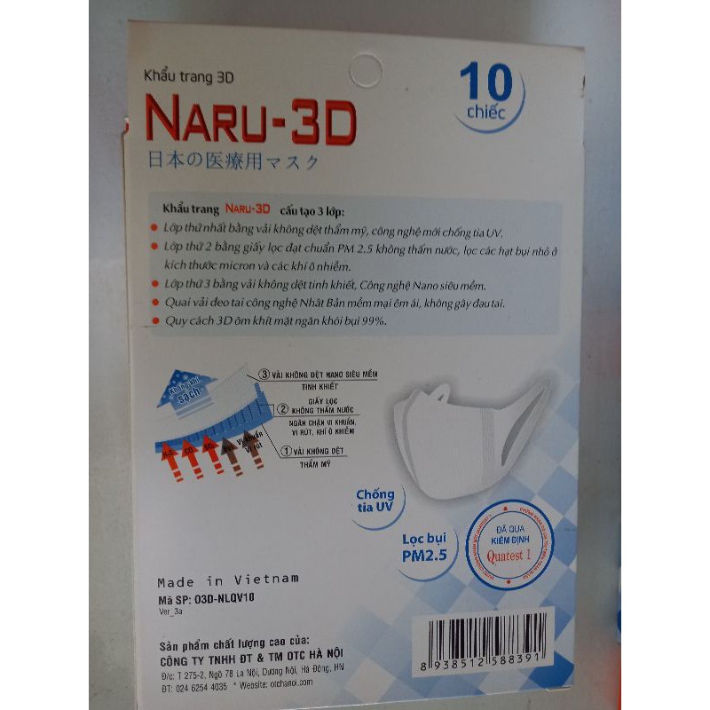 Hộp 10 chiếc khẩu trang 3 lớp OTC NARU - 3D Carbon hoạt tính công nghệ Nhật Bản