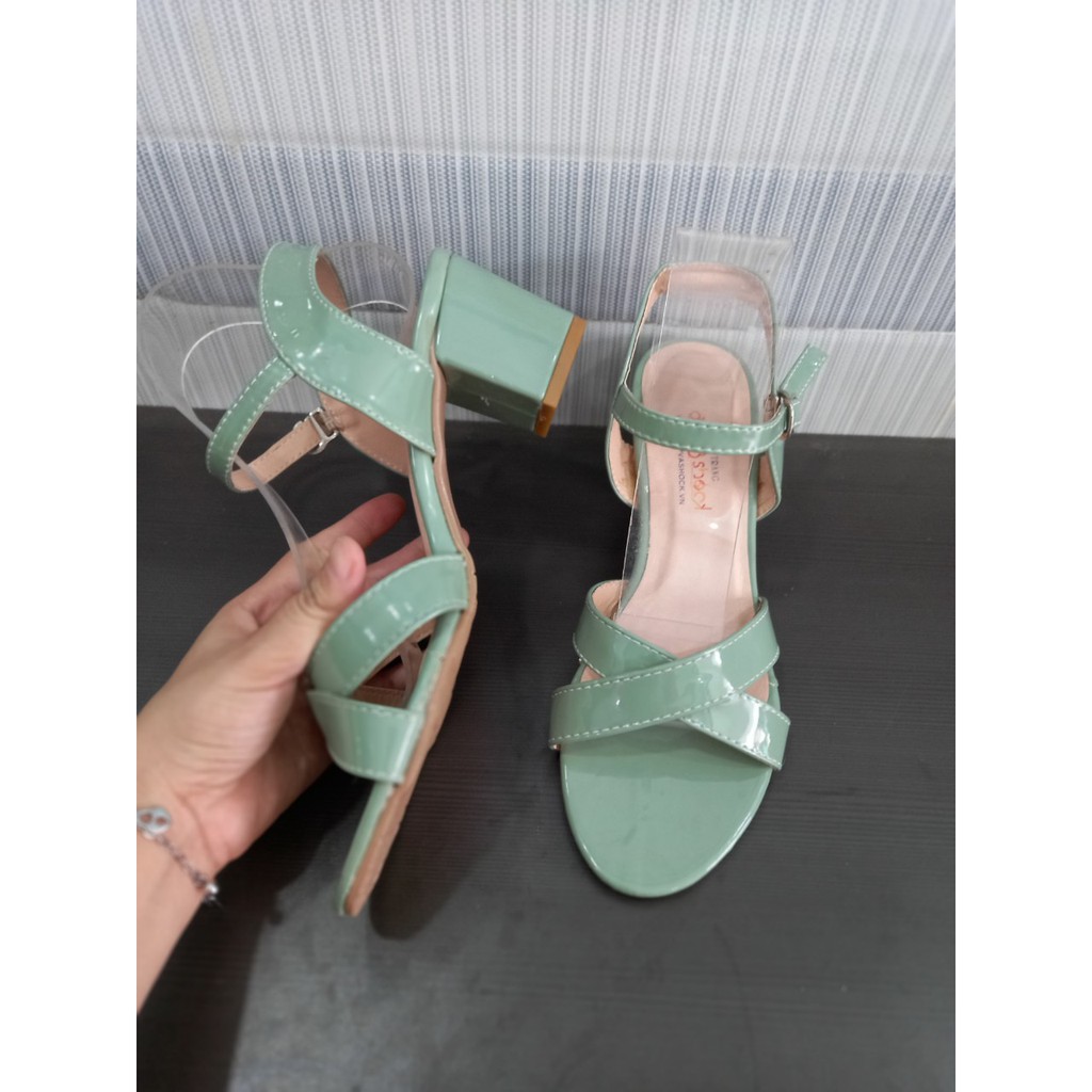 Giày sandal cao gót gót vuông 5 phân màu xanh ngọc