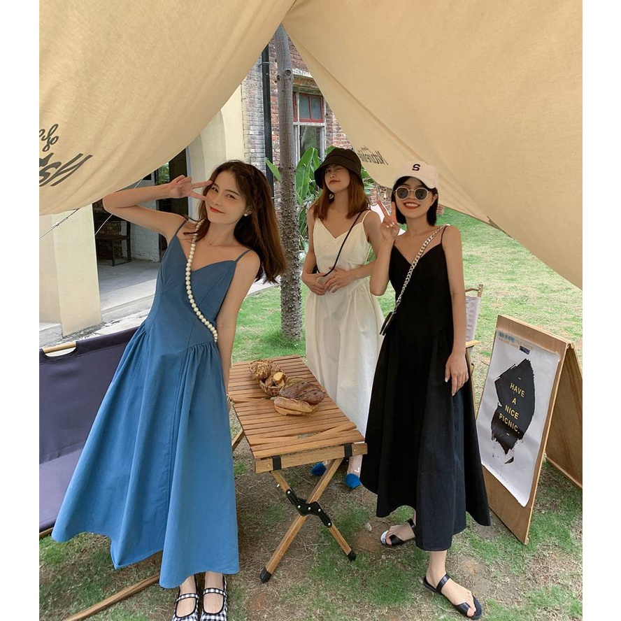 Đầm hai dây dáng chữ A lưng cao phong cách Hàn Quốc thời trang mùa hè cho nữ