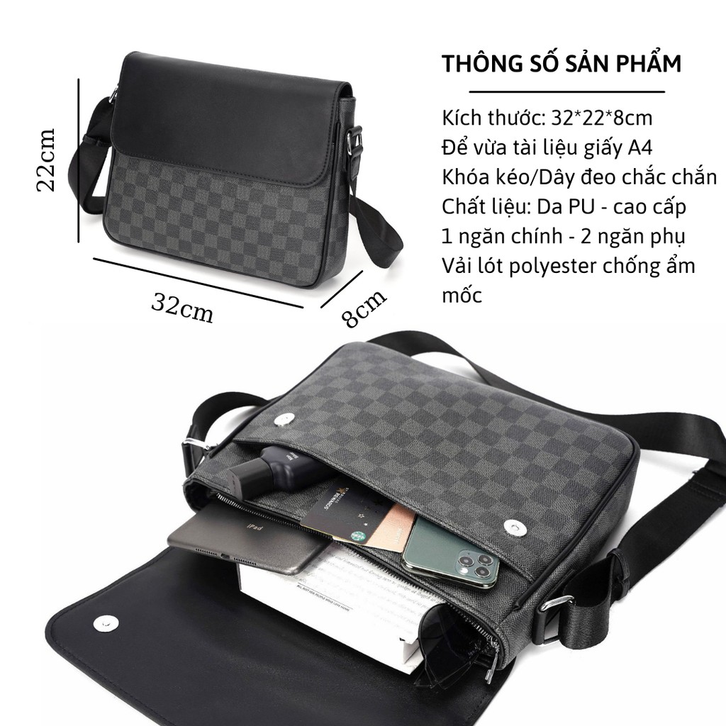 Cặp nam công sở văn phòng đeo chéo vai họa tiết caro, khóa kéo có nhiều ngăn da PU chống nước để tài liệu, ipad tiện lợi | BigBuy360 - bigbuy360.vn