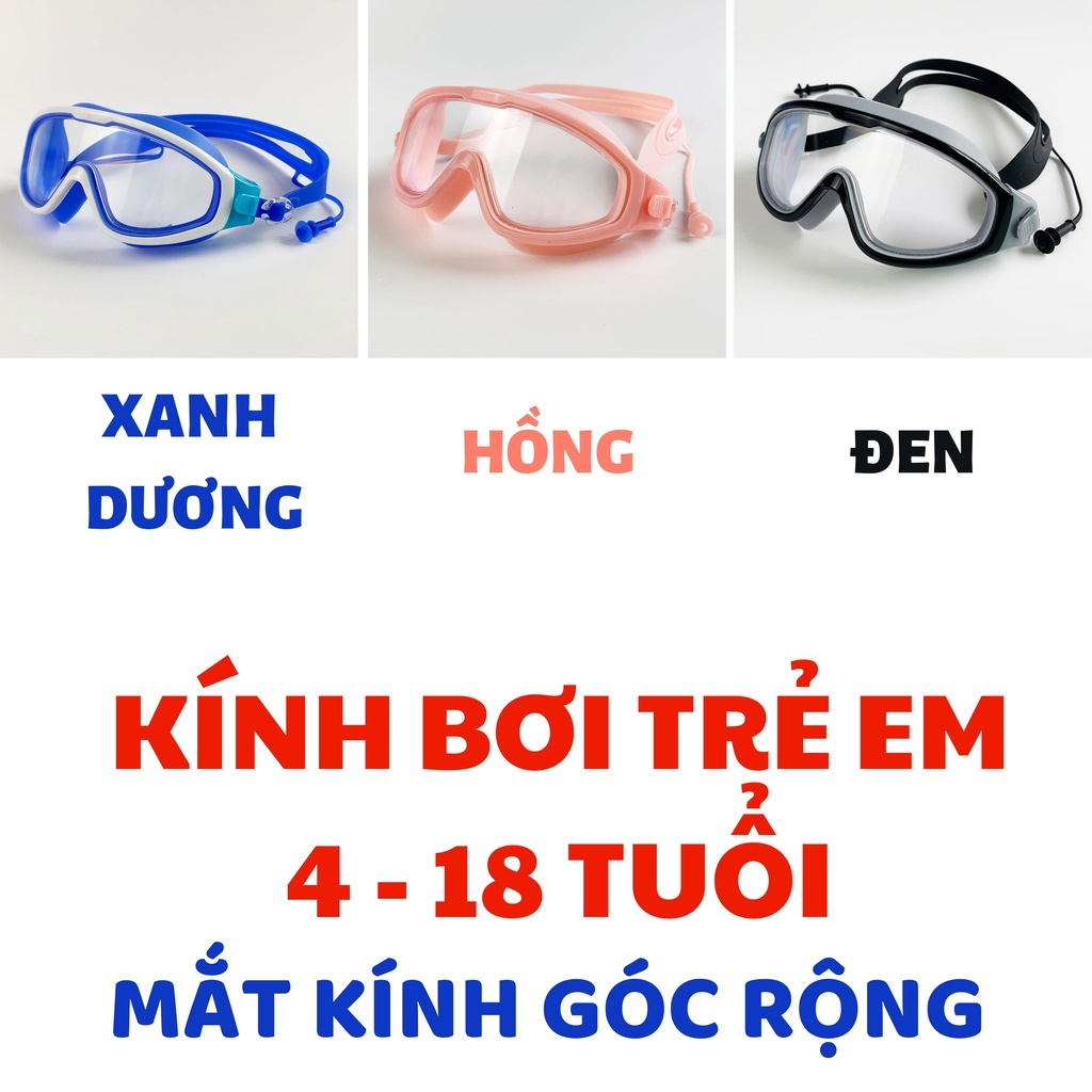 Kính bơi trẻ em không gọng + kèm nút bịt tai góc siêu rộng 230º có viền 1.5cm ngăn nước vào mắt cao su silicon