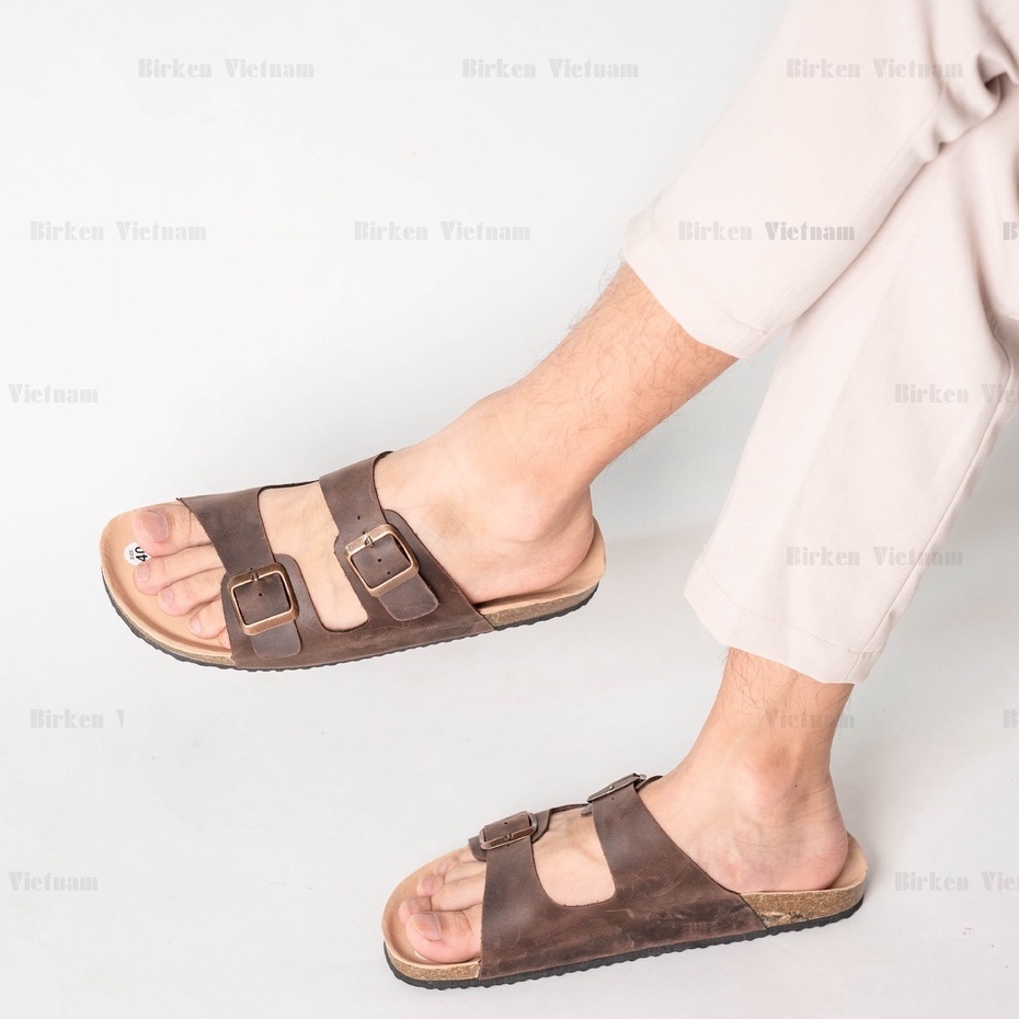 [ Lót Chống Nước ] DK01 - Dép Birken Đế Trấu Thiết Kế  Da Bò Unisex Nam và Nữ, Dép Hai Quai Ngang Bioline