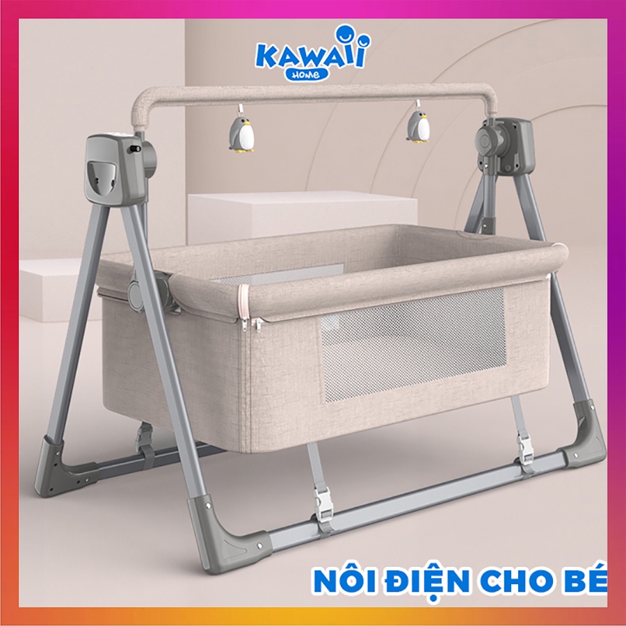 Nôi điện cho bé Kawaii Home, nôi điện em bé đu đưa tự động có kết nối Bluetooth phát nhạc, điều khiển từ xa